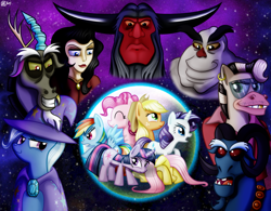 Size: 850x664 | Tagged: safe, artist:dcencia, derpibooru import, applejack, arabus, discord, fluttershy, grogar, lord tirek, pinkie pie, rainbow dash, rarity, somnambula (g1), tirac, trixie, twilight sparkle, zeb, human, zebra, g1, antagonist, female, grogar (g1), hilarious in hindsight, male, mane six, mare, protagonist, ram