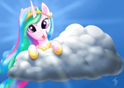 Size: 1754x1240 | Tagged: safe, artist:bluespaceling, princess celestia, alicorn, pony, :p, cloud, crepuscular rays, cute, cutelestia, leaning, looking at you, peeking, silly, silly pony, smiling, solo, tongue out