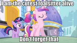 Size: 853x480 | Tagged: safe, princess cadance, twilight sparkle, alicorn, pony, cutest pony alive, filly, foalsitter, image macro, roflbot, younger