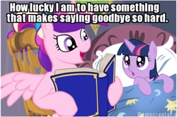 Size: 400x266 | Tagged: safe, princess cadance, twilight sparkle, unicorn twilight, alicorn, pony, unicorn, bed, bedtime story, blanket, book, bow, cadance's bedtime stories, chair, detailed background, duo, duo female, exploitable meme, female, females only, filly, filly twilight sparkle, hair bow, hoof hold, horn, image macro, looking at each other, looking up, meme, multicolored mane, open mouth, pillow, pink coat, pink wings, purple coat, purple eyes, reading, sitting, smiling, spread wings, text, wings, winnie the pooh, younger