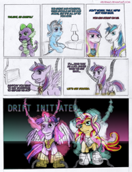 Size: 772x1000 | Tagged: safe, artist:redenaz, princess cadance, shining armor, spike, sunset shimmer, trixie, twilight sparkle, twilight sparkle (alicorn), alicorn, dragon, pony, unicorn, female, mare, neural handshake, pacific rim