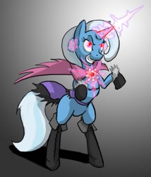 Size: 643x752 | Tagged: safe, artist:moronsonofboron, derpibooru import, trixie, boots, cape, clothes, dark magic, glowing horn, magic, pentagram, rearing