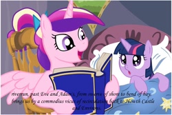 Size: 1024x683 | Tagged: safe, princess cadance, twilight sparkle, unicorn twilight, alicorn, pony, unicorn, bed, bedtime story, blanket, book, bow, cadance's bedtime stories, chair, detailed background, duo, duo female, exploitable meme, female, females only, filly, filly twilight sparkle, finnegans wake, hair bow, hoof hold, horn, image macro, james joyce, looking at each other, looking up, meme, multicolored mane, open mouth, pillow, pink coat, pink wings, purple coat, purple eyes, reading, sitting, smiling, spread wings, text, wings, younger