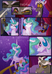 Size: 1000x1415 | Tagged: safe, artist:falleninthedark, artist:stepandy, discord, princess celestia, alicorn, pony, collaboration, comic:notte insonne, comic, dislestia, female, heart, looking back, magic, male, night, raised eyebrow, shipping, stars, straight