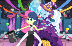 Size: 1000x642 | Tagged: safe, artist:ambassad0r, artist:mixiepie, artist:themexicanpunisher, derpibooru import, bon bon, sweetie drops, trixie, equestria girls, canterlot high, clothes, disco ball, duo, eyes closed, gloves, hat, top hat, wizard hat