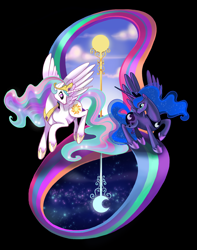 Size: 4112x5231 | Tagged: safe, artist:limelight-night, princess celestia, princess luna, alicorn, pony, absurd resolution, crescent moon, day, duo, female, moon, night, royal sisters, siblings, sisters, sun