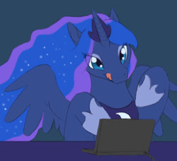 Size: 510x465 | Tagged: safe, princess luna, alicorn, pony, ask, ask dark goddess luna, computer, cute, eye clipping through hair, female, hoof shoes, keyboard, laptop computer, lunabetes, mare, peytral, solo, spread wings, tongue out, tumblr, typing, wings