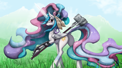 Size: 3800x2137 | Tagged: safe, artist:shaadorian, princess celestia, alicorn, pony, alternate hairstyle, amazon, badass, barbarian, braid, fantasy class, feather, female, hammer, high res, looking at you, looking back, magic, mare, necklace, plot, smiling, solo, tattoo, thunder hammer, tribal, war hammer, warrior celestia, weapon