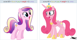 Size: 465x244 | Tagged: safe, artist:andreamelody, pinkie pie, princess cadance, alicorn, earth pony, pony, exploitable meme, juxtaposition, juxtaposition win, mane swap, meme, pinkiecorn, xk-class end-of-the-world scenario