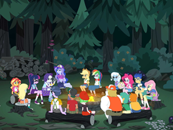 Size: 712x534 | Tagged: safe, derpibooru import, screencap, applejack, bulk biceps, derpy hooves, drama letter, flash sentry, fluttershy, pinkie pie, princess luna, rainbow dash, rarity, sci-twi, snails, snips, spike, spike the regular dog, sunset shimmer, timber spruce, trixie, twilight sparkle, vice principal luna, watermelody, dog, equestria girls, legend of everfree, axe, background human, campfire, converse, layering fail, shoes, weapon, wood