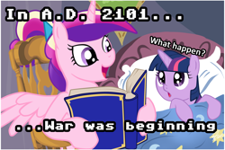 Size: 1024x683 | Tagged: safe, princess cadance, twilight sparkle, unicorn twilight, alicorn, pony, unicorn, all your base are belong to us, bed, bedtime story, blanket, book, bow, cadance's bedtime stories, chair, detailed background, duo, duo female, exploitable meme, female, females only, filly, filly twilight sparkle, hair bow, hoof hold, horn, image macro, looking at each other, looking up, meme, multicolored mane, open mouth, pillow, pink coat, pink wings, purple coat, purple eyes, reading, sitting, smiling, spread wings, text, wings, younger, zero wing