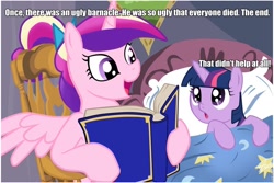 Size: 960x640 | Tagged: safe, princess cadance, twilight sparkle, unicorn twilight, alicorn, pony, unicorn, bed, bedtime story, blanket, book, bow, cadance's bedtime stories, chair, detailed background, duo, duo female, exploitable meme, female, females only, filly, filly twilight sparkle, hair bow, hoof hold, horn, image macro, looking at each other, looking up, meme, multicolored mane, open mouth, pillow, pink coat, pink wings, purple coat, purple eyes, reading, roflbot, sitting, smiling, something smells, spongebob squarepants, spread wings, text, the ugly barnacle, wings, younger