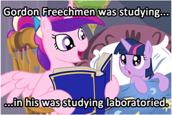 Size: 1024x683 | Tagged: safe, princess cadance, twilight sparkle, unicorn twilight, alicorn, pony, unicorn, bed, bedtime story, blanket, book, bow, cadance's bedtime stories, chair, detailed background, duo, duo female, exploitable meme, female, females only, filly, filly twilight sparkle, grammar error, hair bow, half-life, hoof hold, horn, image macro, looking at each other, looking up, meme, multicolored mane, open mouth, pillow, pink coat, pink wings, purple coat, purple eyes, quarter-life: halfway to destruction, reading, sitting, smiling, spread wings, text, wings, younger