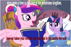 Size: 1024x683 | Tagged: safe, princess cadance, twilight sparkle, unicorn twilight, alicorn, pony, unicorn, bed, bedtime story, blanket, book, bow, cadance's bedtime stories, chair, detailed background, duo, duo female, exploitable meme, female, females only, filly, filly twilight sparkle, hair bow, hoof hold, horn, image macro, looking at each other, looking up, meme, multicolored mane, open mouth, pillow, pink coat, pink wings, purple coat, purple eyes, reading, sitting, smiling, spread wings, text, wings, younger