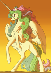 Size: 911x1300 | Tagged: safe, artist:goat train, artist:leovictor, color edit, princess celestia, alicorn, pony, female, glare, mare, messy mane, open mouth, rearing, serious face, solo, spread wings