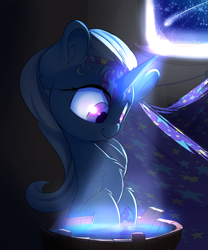 Size: 2000x2400 | Tagged: safe, artist:madacon, derpibooru import, trixie, pony, unicorn, alternate hairstyle, atg 2016, crepuscular rays, female, mare, newbie artist training grounds, shooting star, smiling, solo, window