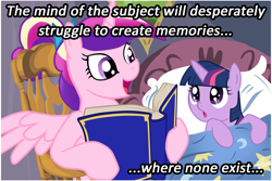 Size: 1024x683 | Tagged: safe, princess cadance, twilight sparkle, unicorn twilight, alicorn, pony, unicorn, bed, bedtime story, bioshock, bioshock infinite, blanket, book, bow, cadance's bedtime stories, chair, detailed background, duo, duo female, exploitable meme, female, females only, filly, filly twilight sparkle, hair bow, hoof hold, horn, image macro, looking at each other, looking up, meme, multicolored mane, open mouth, pillow, pink coat, pink wings, purple coat, purple eyes, reading, sitting, smiling, spread wings, text, wings, younger