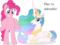 Size: 1024x776 | Tagged: safe, artist:stillfire, pinkie pie, princess celestia, alicorn, earth pony, pony, babscon, belly button, bipedal, nicole oliver