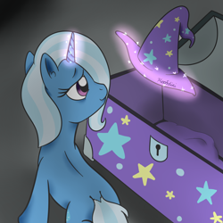 Size: 1000x1000 | Tagged: safe, artist:yakoshi, derpibooru import, trixie, pony, unicorn, no second prances, female, glowing horn, hoofdini, magic, mare, newbie artist training grounds, smiling, solo, telekinesis, trixie's hat, trunk