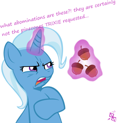 Size: 1200x1200 | Tagged: safe, artist:docbullet, derpibooru import, trixie, acorn, ew gay, pinecone