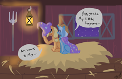 Size: 1322x857 | Tagged: safe, artist:kudalyn, derpibooru import, applejack, trixie, earth pony, pony, unicorn, accessory swap, barn, crack shipping, dialogue, female, hay, lantern, lesbian, mare, night, shipping, sitting, tripplejack