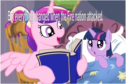 Size: 1024x683 | Tagged: safe, princess cadance, twilight sparkle, unicorn twilight, alicorn, pony, unicorn, avatar the last airbender, bed, bedtime story, blanket, book, bow, cadance's bedtime stories, chair, detailed background, duo, duo female, exploitable meme, female, females only, filly, filly twilight sparkle, fire nation, hair bow, hoof hold, horn, image macro, looking at each other, looking up, meme, multicolored mane, open mouth, pillow, pink coat, pink wings, purple coat, purple eyes, reading, sitting, smiling, spread wings, text, wings, younger