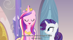 Size: 938x521 | Tagged: safe, screencap, princess cadance, rarity, alicorn, pony, unicorn, games ponies play, youtube caption