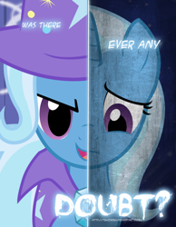 Size: 600x773 | Tagged: safe, artist:tehjadeh, derpibooru import, trixie, pony, unicorn, blue coat, female, horn, mare, solo, two sided posters, two toned mane