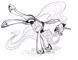 Size: 3306x2550 | Tagged: safe, artist:uminanimu, princess luna, alicorn, pony, kicking, monochrome, solo, traditional art