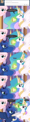 Size: 650x2625 | Tagged: safe, artist:mixermike622, princess celestia, princess luna, oc, oc:fluffle puff, alicorn, pony, ask, comic, nom, ponies eating meat, spit, taco, tumblr, tumblr:ask fluffle puff