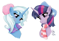 Size: 2000x1400 | Tagged: safe, artist:joakaha, derpibooru import, trixie, twilight sparkle, clothes, female, lesbian, scarf, shipping, twixie