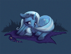 Size: 660x495 | Tagged: safe, artist:maiasoara, derpibooru import, trixie, pony, unicorn, biting, cape, clothes, curled up, female, floppy ears, looking away, mare, sad, solo, tail bite, trixie's cape