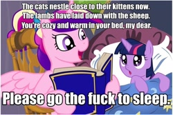 Size: 916x611 | Tagged: safe, princess cadance, twilight sparkle, unicorn twilight, alicorn, pony, unicorn, bed, bedtime story, blanket, book, bow, cadance's bedtime stories, chair, detailed background, duo, duo female, exploitable meme, female, females only, filly, filly twilight sparkle, go the fuck to sleep, hair bow, hoof hold, horn, image macro, looking at each other, looking up, meme, multicolored mane, open mouth, pillow, pink coat, pink wings, purple coat, purple eyes, reading, sitting, smiling, spread wings, text, vulgar, wings, younger