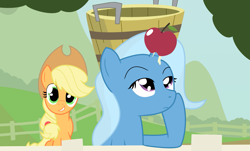 Size: 1963x1186 | Tagged: safe, artist:dazed-and-wandering, derpibooru import, applejack, trixie, earth pony, pony, apple, sweet apple acres