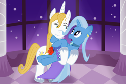 Size: 3000x2000 | Tagged: safe, artist:yinglongfujun, derpibooru import, prince blueblood, trixie, pony, unicorn, bluetrix, canterlot castle, female, grand galloping gala, male, mare, night, shipping, stars, straight