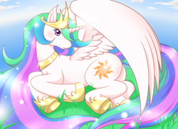 Size: 1710x1245 | Tagged: artist needed, safe, princess celestia, alicorn, pony, cloud, female, grass, looking at you, mare, on side, pixiv, sky, solo, spread wings, wings