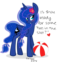 Size: 1872x2000 | Tagged: dead source, safe, artist:grayflower, princess luna, alicorn, pony, alternate hairstyle, ball, beach ball, bedroom eyes, blushing, braid, female, flower, flower in hair, fun, grammar error, grin, heart, irony, mare, missing accessory, ribbon, simple background, smiling, solo, traditional royal canterlot voice, transparent background, vector, ye olde butcherede englishe