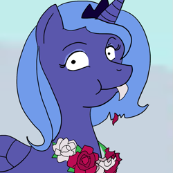 Size: 655x655 | Tagged: safe, artist:klondike, princess luna, alicorn, pony, :t, eating, flower, krystal can't enjoy her sandwich, looking at you, s1 luna, smiling, solo, wat, wide eyes