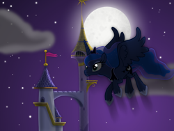 Size: 1200x900 | Tagged: safe, artist:evil-dec0y, princess luna, alicorn, pony, comic:trixie vs., canterlot, flying, moon, night, solo