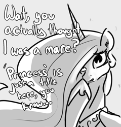 Size: 1131x1185 | Tagged: safe, artist:nobody, prince solaris, princess celestia, alicorn, pony, looking at you, male, monochrome, rule 63, simple background, solo, stallion, trap, traplestia