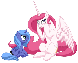 Size: 718x580 | Tagged: safe, artist:weirdofish, princess celestia, princess luna, alicorn, pony, :p, cewestia, cute, cutelestia, derp, filly, pink-mane celestia, silly, silly pony, simple background, smiling, tongue out, woona