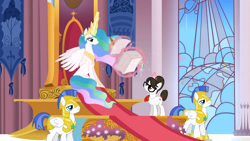 Size: 1365x768 | Tagged: safe, screencap, princess celestia, raven, alicorn, pegasus, pony, unicorn, the crystal empire, armor, canterlot throne room, ethereal mane, female, helmet, magic, magic aura, male, mare, paper, royal guard, sitting, stallion, telekinesis, throne, throne room