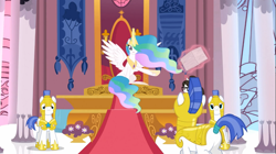 Size: 1365x767 | Tagged: safe, screencap, princess celestia, raven, alicorn, pegasus, pony, unicorn, the crystal empire, canterlot throne room, ethereal mane, female, magic, male, mare, royal guard, stallion, tail wrap, telekinesis, throne room