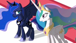 Size: 1365x768 | Tagged: safe, screencap, princess celestia, princess luna, alicorn, pony, the crystal empire, crown, female, horn, jewelry, mare, regalia, siblings, sisters