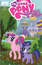 Size: 568x869 | Tagged: safe, idw, princess cadance, twilight sparkle, alicorn, pony, blank flank, canterlot, comic cover