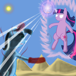 Size: 3000x3000 | Tagged: safe, artist:paintdrinkingpete, derpibooru import, trixie, twilight sparkle, fight, glowing eyes, high res