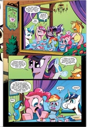 Size: 638x937 | Tagged: safe, idw, applejack, fluttershy, pinkie pie, princess cadance, rainbow dash, rarity, shining armor, tealove, twilight sparkle, alicorn, earth pony, pegasus, pony, unicorn, neigh anything, spoiler:comic, spoiler:comic11, 42, aweeg*, cake, comic, cup, cute, eyes closed, female, food, glowing horn, heart, horn, horses doing horse things, idw advertisement, lapping, levitation, magic, magic aura, male, mane six, mare, meme origin, preview, stallion, tea, teacup, telekinesis