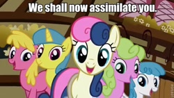 Size: 640x360 | Tagged: safe, edit, edited screencap, screencap, bon bon, cherry berry, daisy, flower wishes, lemon hearts, lightning bolt, sweetie drops, white lightning, earth pony, pegasus, pony, unicorn, the ticket master, assimilation, background pony, female, image macro, mare, meme, ponibooru, welcome to the herd