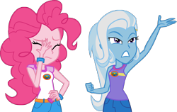 Size: 6241x3936 | Tagged: safe, artist:limedazzle, derpibooru import, pinkie pie, trixie, equestria girls, legend of everfree, absurd resolution, bracelet, clothes, duo, facepalm, fist, inkscape, jewelry, shorts, simple background, transparent background, vector