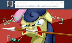 Size: 1280x762 | Tagged: safe, artist:severus, bon bon, sweetie drops, earth pony, kelpie, pony, abstract background, angry, ask, ask windswept, bon bon is not amused, female, floppy ears, gritted teeth, harpoon, mare, mouth hold, rage, tumblr